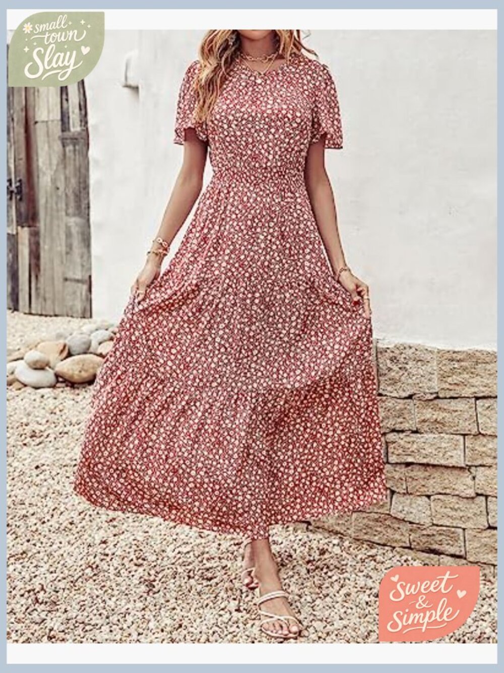 Short Flutter Sleeve Maxi Dress Smocked Waist Tiered Boho Flowy Summer - Picture 6 of 7